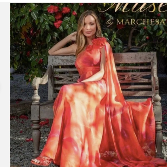 Muse Marchesa One Shoulder Hibiscus Orange Evening Gown Formal Dress - Picture 3 of 9